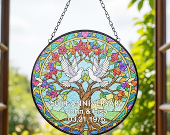 Personalized Tree of Life year Anniversary Gifts Stained Glass Suncatcher, Wedding 50th Anniversary Suncatcher Gift For Parents