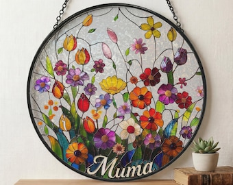 Custom Wildflowers Round Stained Glass Suncatcher, Personalized Flower Glass Art Unique Botanical Hanging Window Suncatcher Gift for Mom