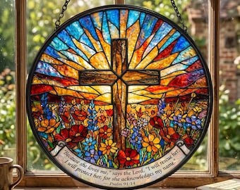Personalized God Psalms Bible Verse Quote Cross Stained Glass Suncatcher, Christian Window Hanging, Church Decor, Religious Floral Glass Art