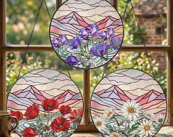 Personalized Birth Month Flower Stained Glass Suncatcher, Sunset Wildflower Window Hanging, Mother's Day Gift, Family Memorial Ornament