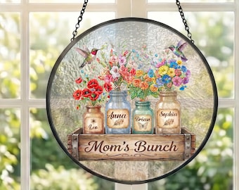 Personalized Mom's Garden Stained Glass Suncatcher, Birth Flower Garden Window Hanging, Mother's Day Gift, Family Memorial Ornament
