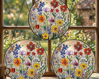 Custom Wildflowers Round Stained Glass Suncatcher, Flower Glass Art Unique Botanical Hanging Window Suncatcher, Mother Day Gift For Mom