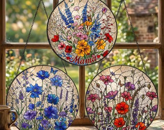 Personalized Flowers Garden Stained Glass Suncatcher With Name, Colorful Floral Window Hanging, Mother’s Day Gift Idea, Gift For Women