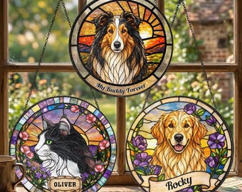 Personalized Dog Portrait Stained Glass Suncatcher, Custom Pet Memorial Stained Glass Photo Suncatcher, Dog Loss Keepsake, Pet Loss Gift