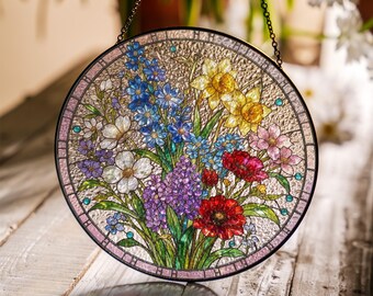 Custom Text Wildflowers Stained Glass Suncatcher, Flower Glass Art Unique Botanical Hanging Window Suncatcher, Mothers Day Gift for Mom