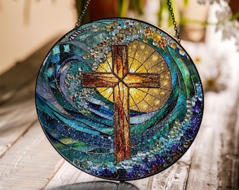 Personalized Christian Ocean Beach Stained Glass Cross Suncatcher, Window Hanging Church Decor, Easter Faith Cross, Mother's Day Gift