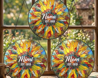 Custom Grandkids Sunflower Stained Glass Suncatcher With Names, Gift for Grandma Mom, Mother's Day Acrylic Window Hanging Decor Gift