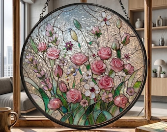 Custom Text Pink Rose Spring Garden Stained Glass Suncatcher, Floral Window Hanging, Blooming Rose Housewarming Gift for Flower Lovers