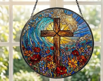 Christian Cross Wildflower Stained Glass Suncatcher, Window Hanging Church Decor, Easter Faith Cross Suncatcher, Mother's Day Gift