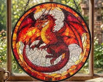 Stained Glass Dragon Suncatcher, Colorful Rainbow Wings Dragon On Books Window Hanging, Fantasy Book Lover Gift, Gothic Home Decor