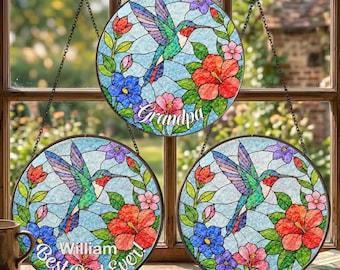 Custom Hummingbird Stained Glass Suncatcher, Floral Bird Window Hanging, Father’s Day Gift for Dad Grandpa, Handmade Bird Suncatcher