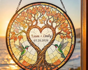 Personalized Tree of Life Stained Glass Suncatcher, Custom 10th 25th Anniversary Gift For Couple, Together Forever Heart Glass, Window Decor