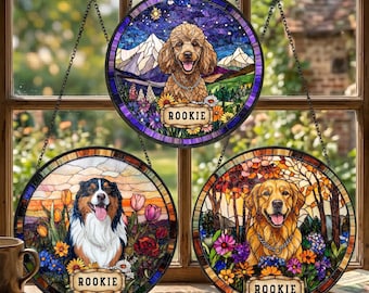 Custom Dog Portrait Suncatcher, Personalized Dog Mom Memorial Gift, Stained Glass Window Hanging With Floral Background, Pet Lovers Gift