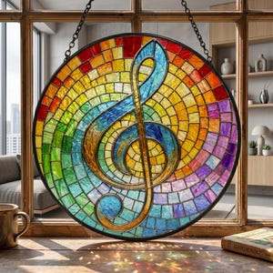 May include: A round stained glass window featuring a colorful treble clef design. The artwork uses a mosaic pattern with a rainbow of colors, including red, orange, yellow, green, blue, and purple. The window is framed in black and hangs from a chain.