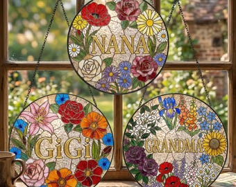 Custom Grandma Nana Mom Floral Stained Glass Suncatcher, Mother's Day Gift, Grandmother Gift From Grandkids, Window Hanging, Home Decor