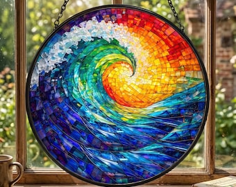 Sunset Ocean Sea Wave Stained Glass Suncatcher, Sunset Beach Scene Round Window Hanging, Coastal Sea Glass Decor, Beach Lover Gift