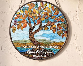 Personalized Tree of Life Year Anniversary Gifts Stained Glass Suncatcher, Wedding Anni Suncatcher Gift For Parents, Bride Gifts For Wife