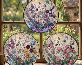 Custom Text Wildflower Rose Stained Glass Suncatcher, Purple Floral Stained Glass Panel, Colorful Floral Window Hanging, Lavender Suncatcher