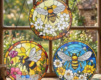 Custom Bee Wildflower Stained Glass Suncatcher, Window Hanging Bumble Bee, Honeybee Bee Garden Art, Gift for Grandma Mother Nana, Bee Flower
