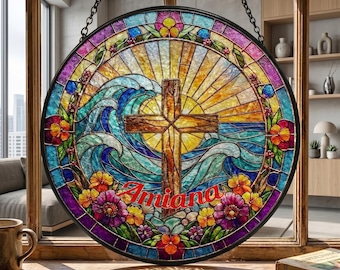 Custom Name Stained Glass Cross Wildflower Suncatcher, Christian Glass Window Hanging, Cross Religious Faith Gift, Baptism Confirmation Gift