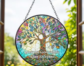 Personalized Happy Anniversary Tree of Hearts Stained Glass Suncatcher, Tree of Life Couple Hanging Window Suncatcher Gift For Wife
