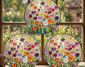 Custom Wildflowers Round Stained Glass Suncatcher, Flower Glass Art Unique Botanical Window Hanging, Mother’s Day Gift, Floral Garden Decor