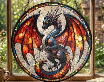Fire Breathing Dragon Stained Glass Suncatcher, Colorful Rainbow Wings Dragon Window Hanging, Fantasy Mythical Gift, Gothic Home Decor