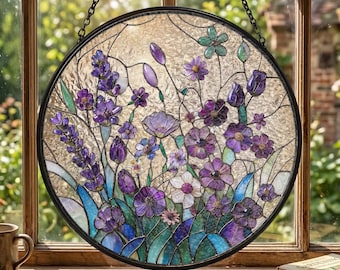 Custom Wildflower Purple Stained Glass Suncatcher, Colorful Floral Window Hanging, Spring Garden Housewarming Gift for Mom,Flower Window Art