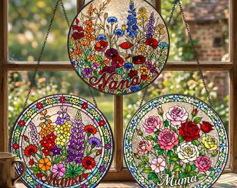 Custom Mama's Garden Flowers Stained Glass Suncatcher, Personalized Family Bouquet Window Hangings, Grandma's Garden Decor, Mother Day Gift