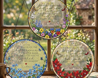 Custom Retirement Stained Glass Suncatcher Personalized Floral Retirement Window Decor, Colleague Retirement Keepsake, Retired Coworker