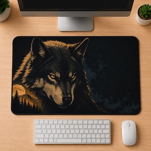 May include: A rectangular desk mat featuring a graphic illustration of a wolf's head in shades of black and gold. The design includes a full moon and a silhouette of pine trees against a dark background, creating a high-contrast visual display.