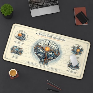 AI Brain Box Schematische Schreibtischmatte | Sci-Fi Platinen Illustration