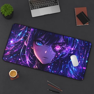 May include: A rectangular mouse mat with a digital anime-style portrait of a woman with a cybernetic eye. The design uses purple, blue, and pink, with a futuristic theme. A white mouse is on the right side.