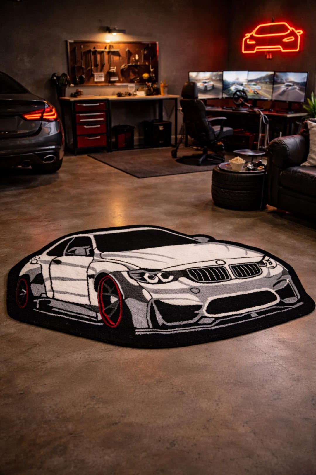 Sports Car Tufted Rug Black and White Racing Car Carpet Automotive Room ...