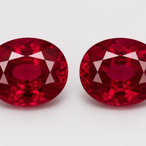 Op de afbeelding: Twee ovaal geslepen robijnen met een dieprode kleur en gefacetteerde oppervlakken. De edelstenen vertonen een heldere, transparante kwaliteit met symmetrische geometrische patronen die het licht reflecteren op hun gepolijste oppervlakken.