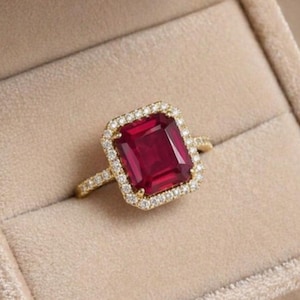 Emerald Cut Ruby Halo Ring, Pear Shape Lab Created Gemstone, Gold Vermeil Promise Ring