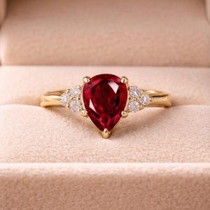 Lab Created Red Ruby Pear Cut Ring, Gold Vermeil Diamond Accent, Birthstone Jewelry