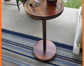 Handmade Solid Acacia Martini Side Table, Compact Pedestal End Table with Phone Slot, Cocktail Drink Stand for Living Room