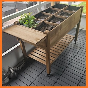 May include: A wooden raised garden bed with eight planting sections. The bed has a lower shelf and a fold-out side table. The bed is filled with soil and has small plants in one section. The bed is on wheels.