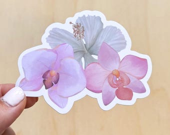 Matte Vinyl Sticker: Pink Orchids and White Hibiscus – Waterproof, Durable Outdoor Decal