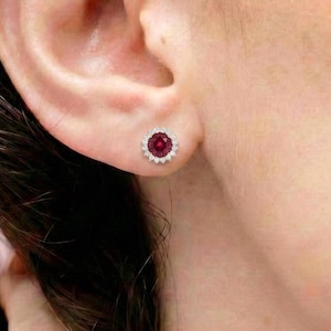 Ruby Stud Earrings in Gold, Round Halo Gemstone Earrings, July Birthstone Gift for Her, Dainty Bridal Wedding Jewelry, Everyday Luxury Studs