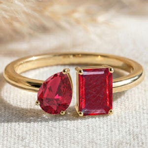 Ruby Pear and Octagon Ring, Yellow Gold Filled Gemstone Ring, Unique Etsy Jewelry Gift for Women