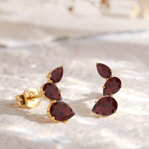 Garnet Climber Earrings in Gold, Pear Cut Statement Ear Crawlers, January Birthstone Gift for Her, Elegant Bridal Jewelry