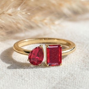 Ruby Pear and Octagon Ring, Yellow Gold Filled Gemstone Ring, Unique Etsy Jewelry Gift for Women