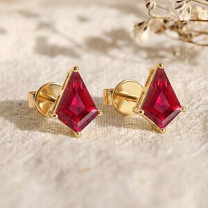 Ruby Stud Earrings in 18K Gold, Kite Cut Red Gemstone Posts, July Birthstone Gift for Her, Dainty Fine Jewelry