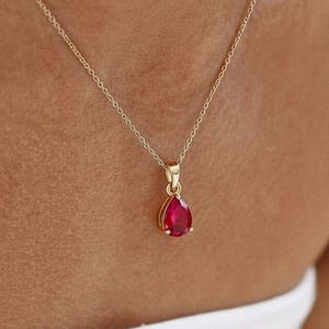 Ruby Necklace Gold Teardrop Pendant | July Birthstone Jewelry | Deep Red Gemstone Gift for Her Anniversary or Birthday