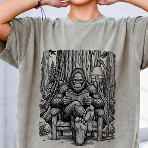 Comfort Colors Bigfoot Reading Graphic Tee, Vintage Cryptidcore Forest Shirt