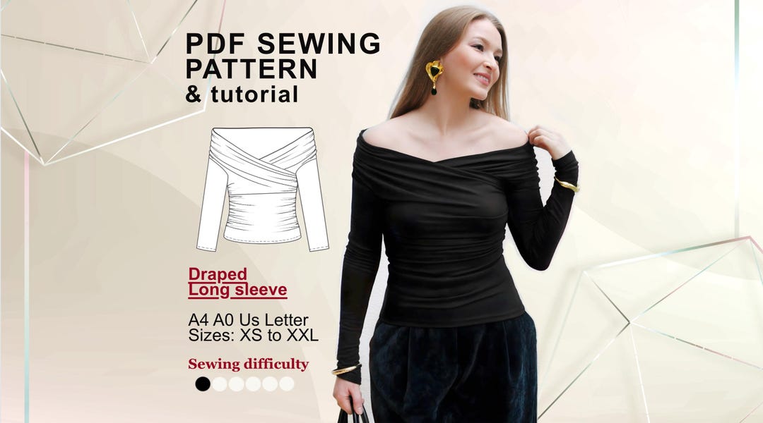 Off Shoulder Draped Top Sewing Pattern, Ruched Long Sleeve Blouse (PDF ...