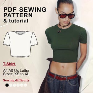 May include: Image features a PDF sewing pattern and tutorial for a T-shirt. The pattern includes sizes XS to XL and is available in A4, A0, and US Letter formats. The image also shows a person wearing a green crop top and sunglasses.