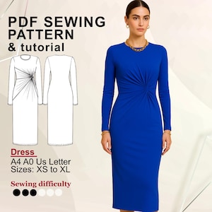 Getailleerde midi-jurk met gedraaide voorkant, pdf-patroon (XS-XL)